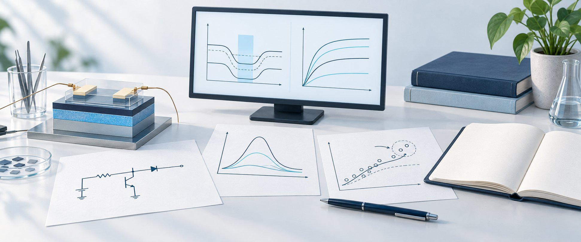 Conceptual illustration of a semiconductor device, circuit simulation curves, and research notes.